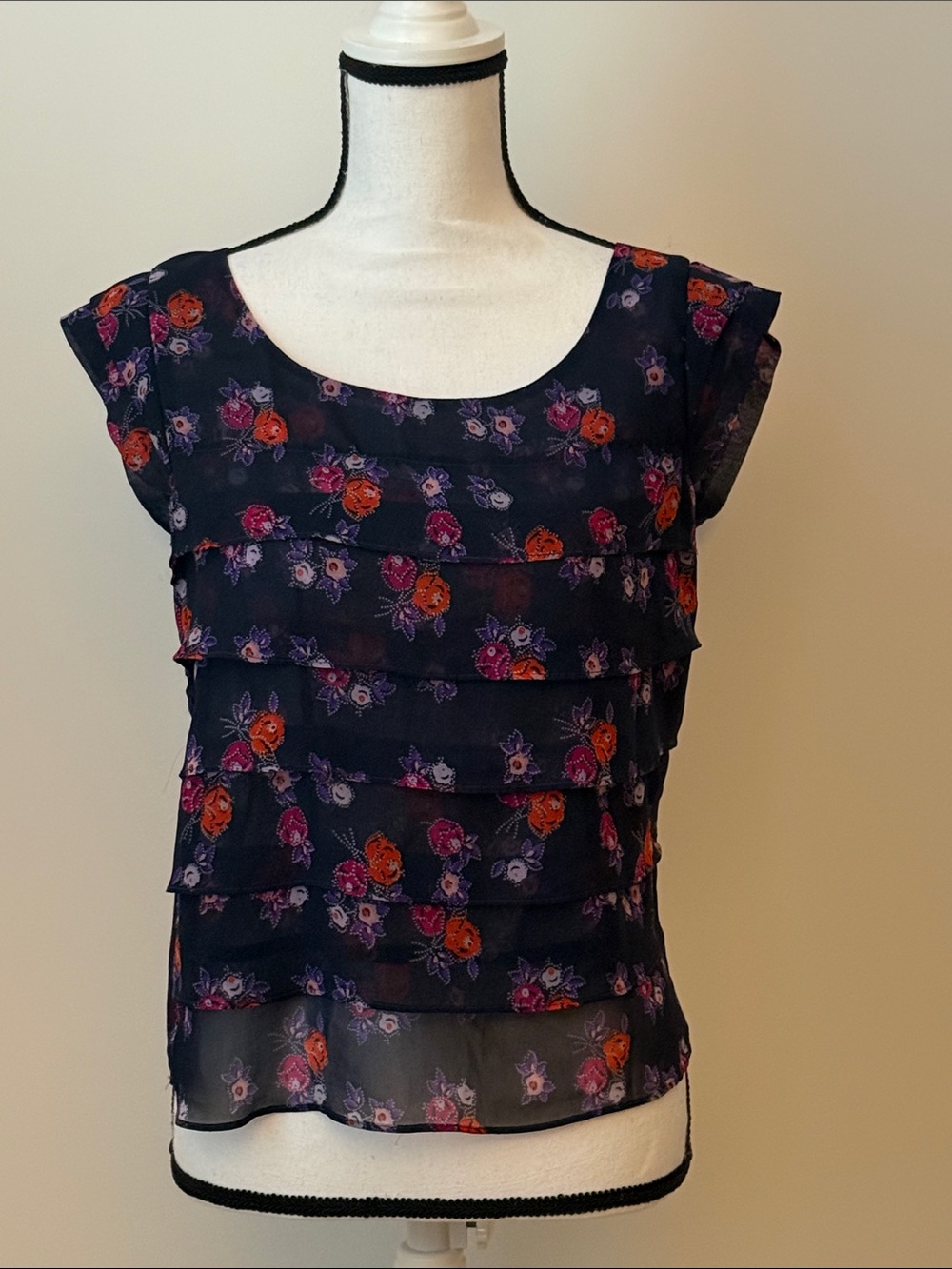American Eagle Layered Floral Cap-Sleeve Blouse - Navy with Pink & Orange Floral